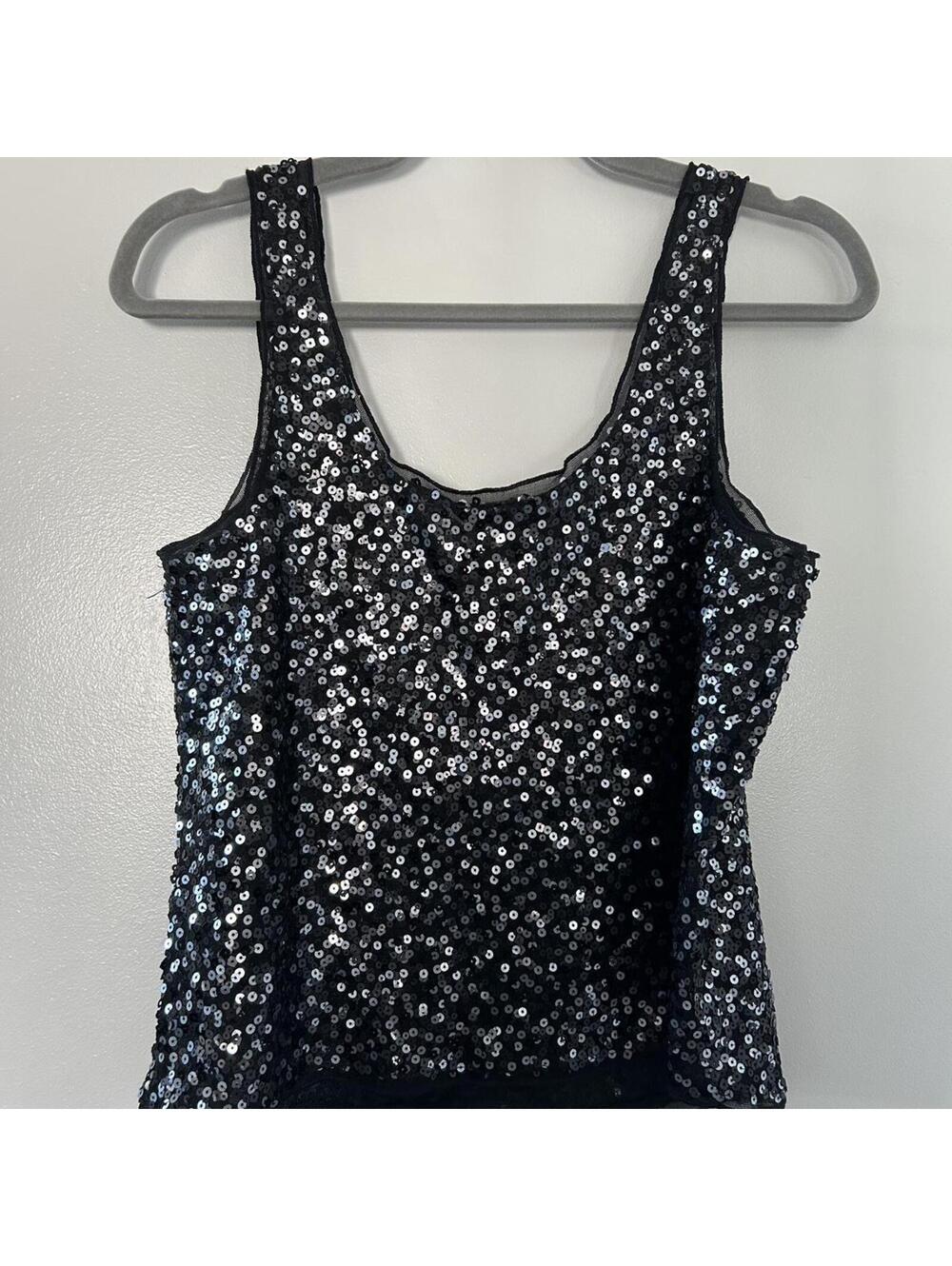 Black sequin tank top with mesh trim